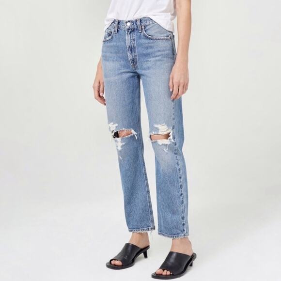 AGOLDE Blue Mia Mid Rise Distressed Straight Leg Jeans Sz 26 - Picture 5 of 13